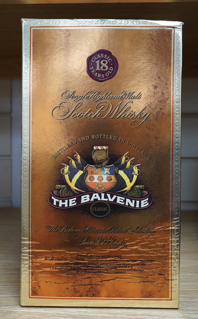 A boxed bottle of 18 year old single malt Balvenie Scotch whisky. Condition - good